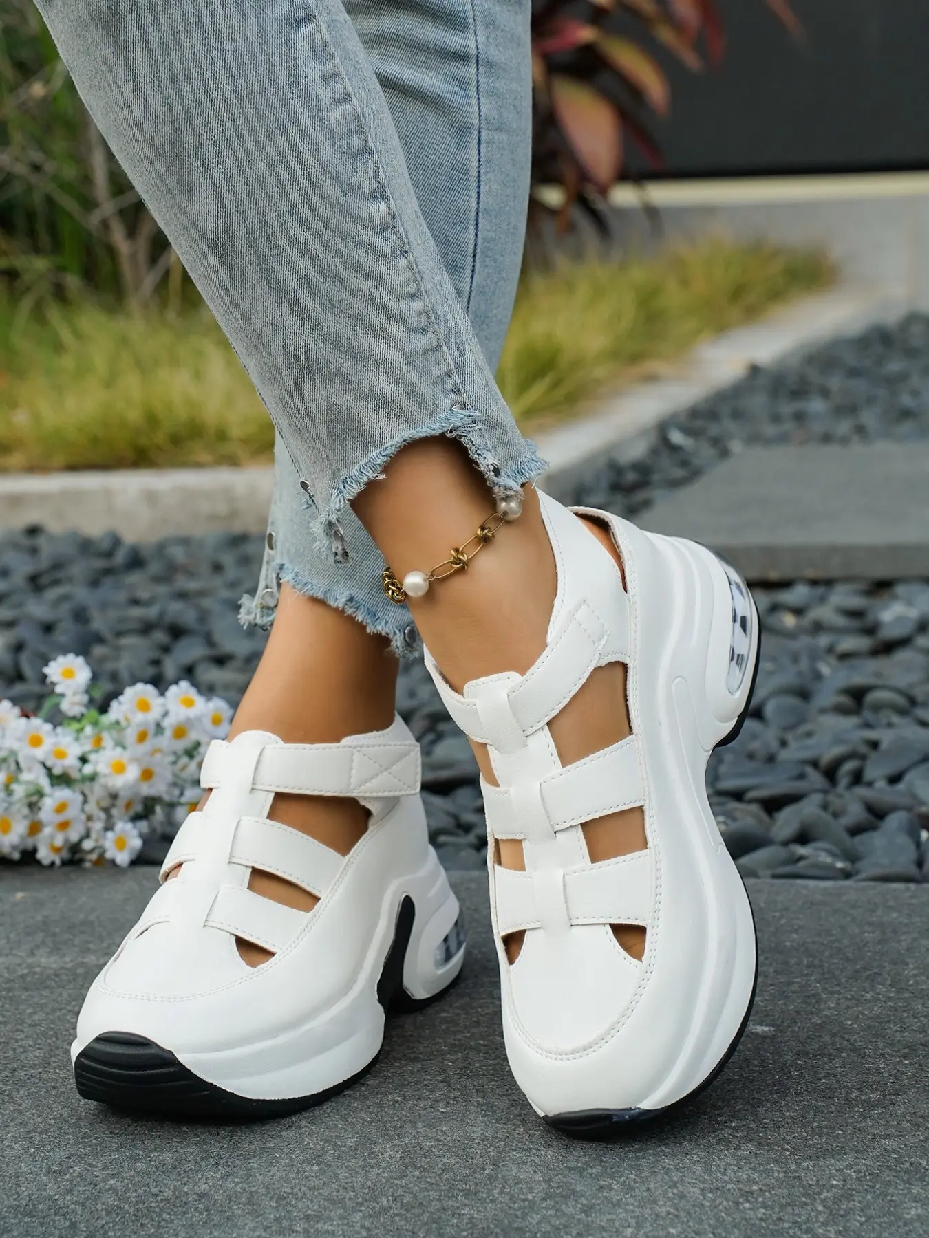 Fashionable air cushion casual summer sandals for women, Velcro platform sandals, hollowed out PU sports sandals, comfortable lightweight walking shoes, suitable for holiday travel and daily wear, Adjustable Sandals
