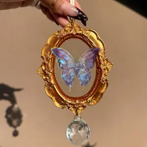 Vintage Gold-Colored Frame Artificial Butterfly Suncatcher Rainbow Prisms Hanging Decor Gift art home