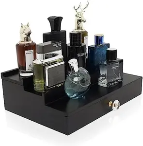 Wooden Cologne Organizer for Men Display Risers Countertop Organizer 3 Tier Cologne Stand with Storage Drawer Cologne Holder Cologne Shelf Great Gift Perfume Dresser Organizer (black)