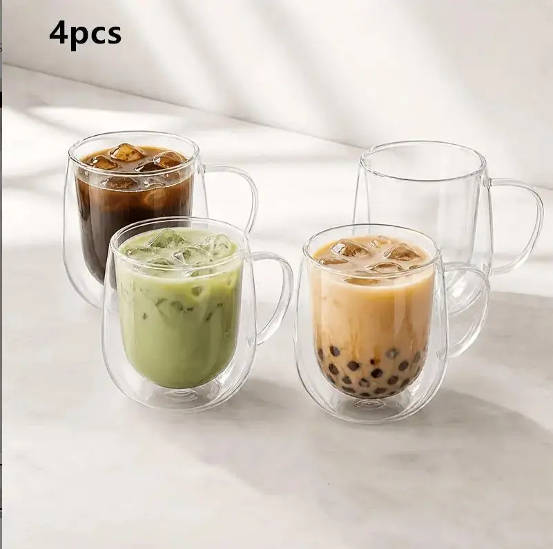 (Set of 5) Double Wall Insulated Glass Mug with Handle - 8.45 oz/250ml Reusable Washable Beverage Drinkware, Green with Colorful Interior, Practical and Fun Stylish Tumbler, Multi-Color Option, Father's Day Gift, Home & Office Kitchenware