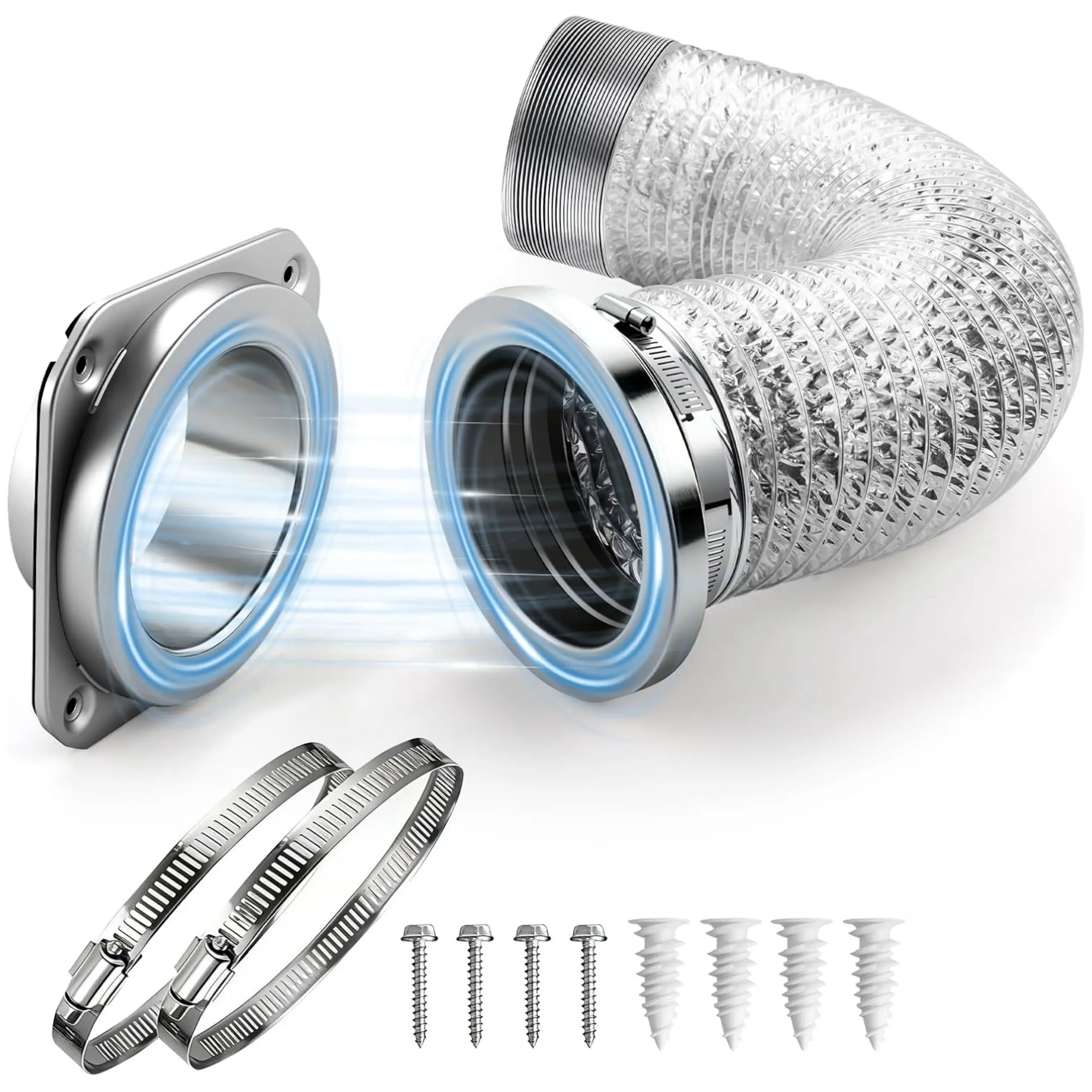 Magnetic Dryer Vent Connector Kit (DV180) - Airtight Silicone Seal, Quick Install Connection, Strong Magnet, Self-Alignment Design, 3.3 ft Length Flexible 4" Duct, 2 Clamps for Camping Laundry Appliances, Flexible Duct, Flexible Hose