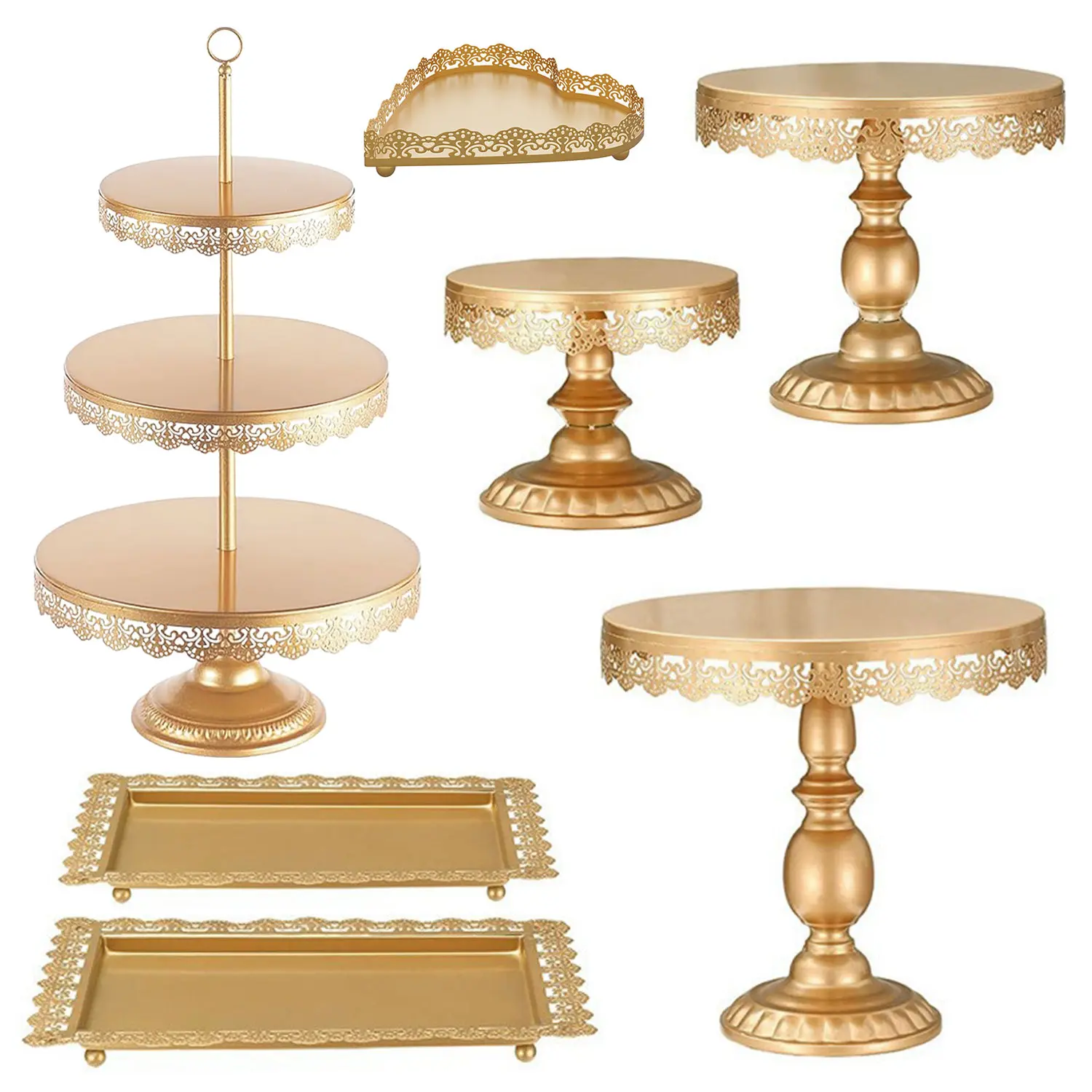 7Pcs Gold Lace Metal Cake Stand Set, Dessert Table Display Kit with 3-Tier Cupcake Holder, Round Pedestal Stands & Rectangular Trays for Wedding Birthday Baby Shower Banquet Decor