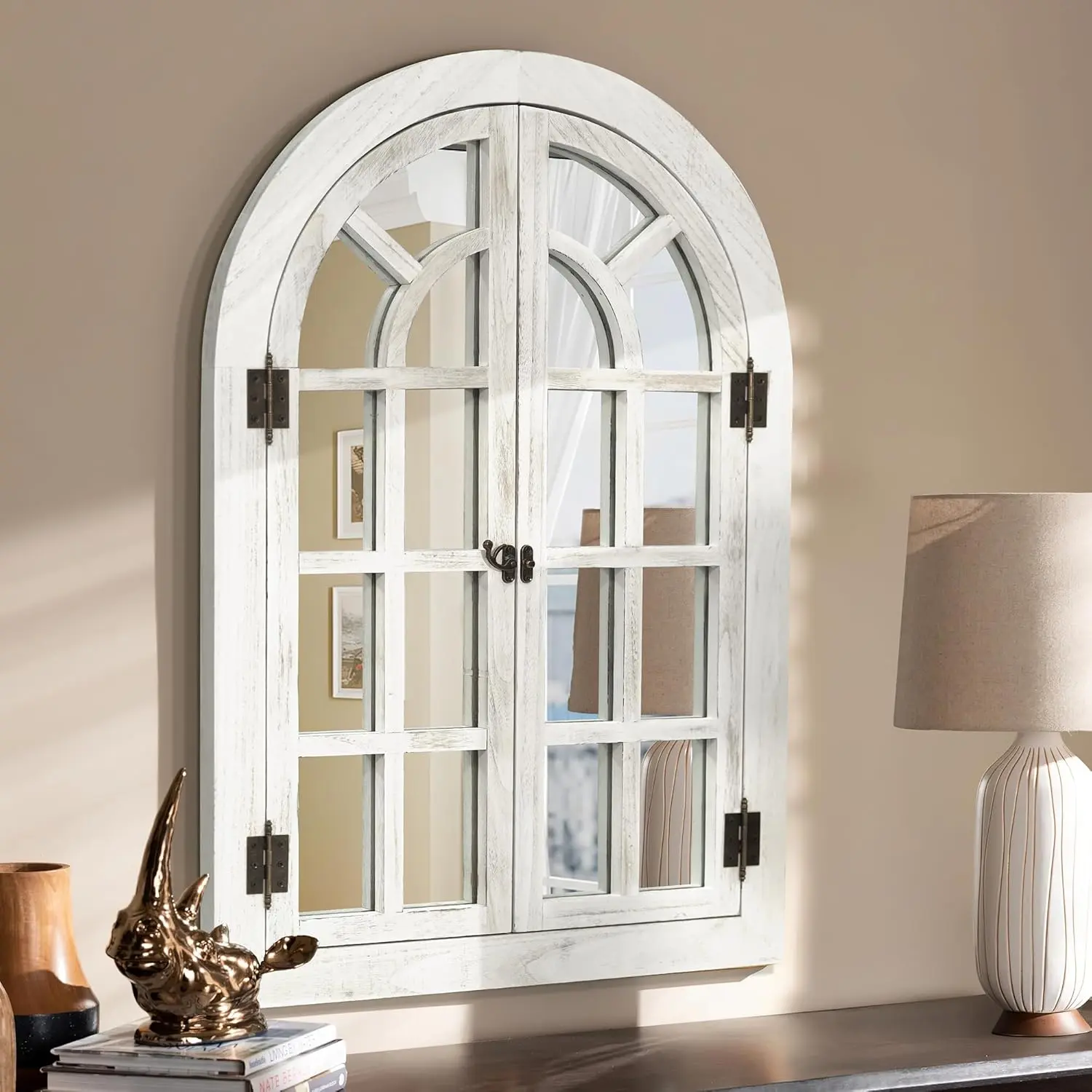 Arched Wall Mirror -Window Mirrors for Wall Decor  Frame Farmhouse Decor White Decorative Wall Mirrors Like Window for Bedroom, Living Room, Entrance, Dining Room (, 20"x30")