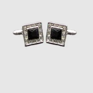 Silver Grid Square Cufflinks with Black Accents