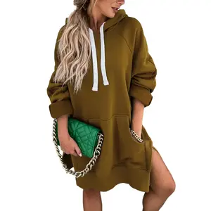 Women’s Casual Pullover Sweatshirt Long Sleeve Split Hem Hoodie Dress with Kangaroo Pocket Green Minimalist Style GARMENTARY