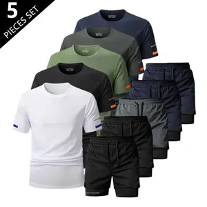 Men’s Summer Five-Piece Sports Set Short-Sleeve Top + Shorts Combo Breathable Sweat-Wicking Suitable for Fitness Running Outdoor Training Daily Casual Wear