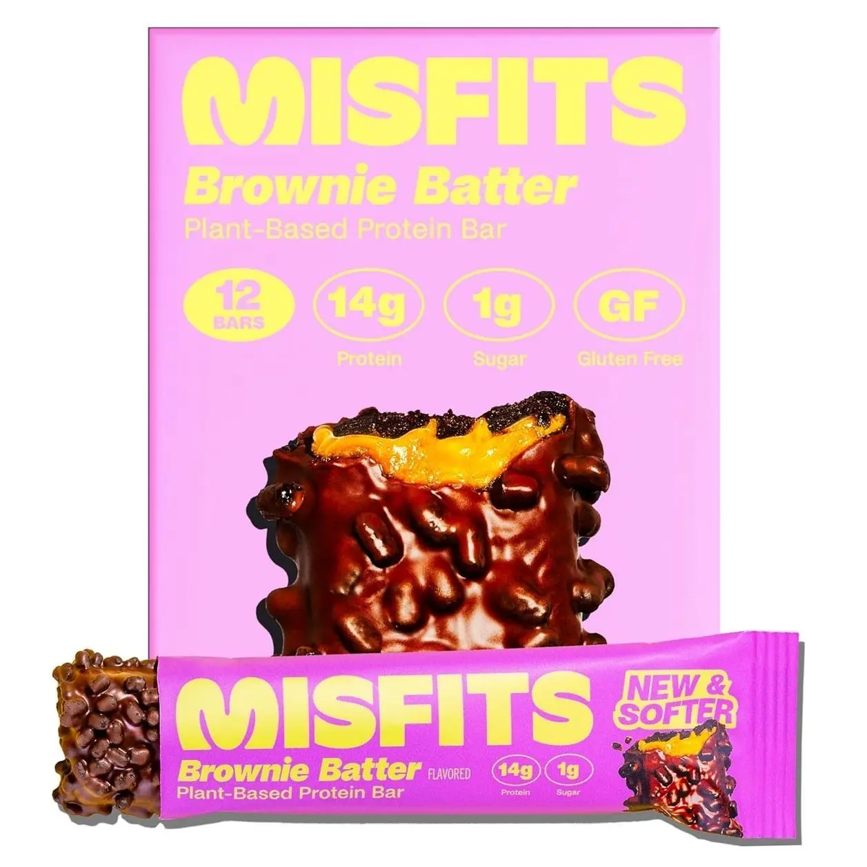 Misfits Vegan Protein Bars - Fudgey Brownie Batter| Nutrition Bars - 14g Protein, 1g Sugar, Plant-based, Low Carb, Non-GMO, Gluten Free Snacks | Pack of 12