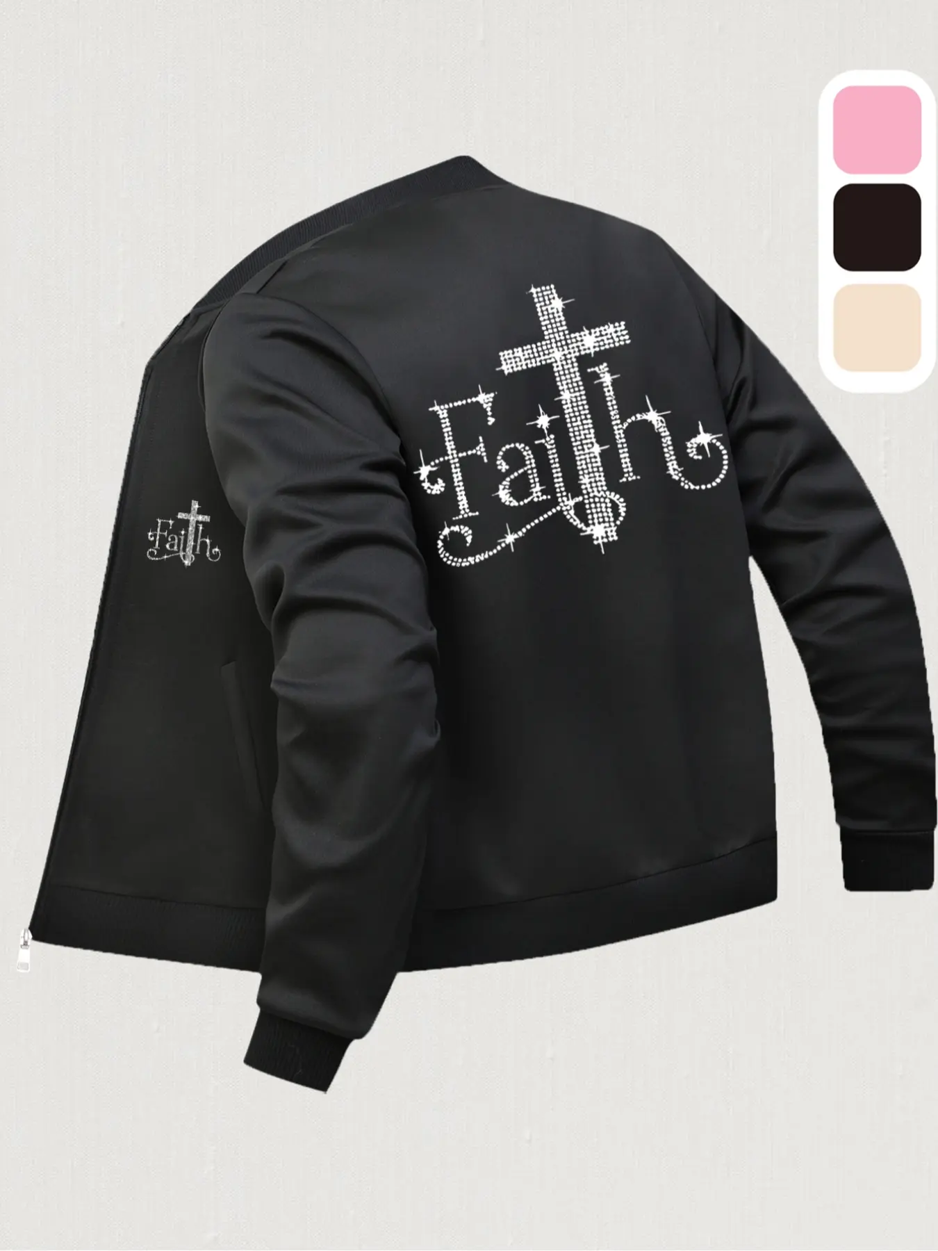 Black pilot jacket coats featuring “Faith” lettering and faux rhinestone cross detailing. Women's fashionable casual Style Fitted Long Sleeve jacket, perfect for fall/winter wear. Minimalist design with Pockets, ideal for everyday styling.