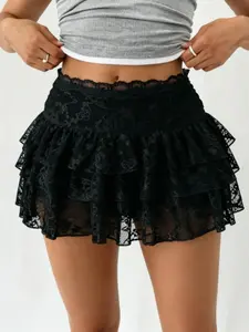 Women's Y2K Hot Girl Black Lace Tiered Mini Skirt, High-Waist Multi-Layer Ruffle Skirt with Attached Safety Shorts, Coquette Style, All-Season Wear, Suitable for Nightclub Party & Festival Outfits, Women's Skort, Short Skirt, Hot Girl Skirt
