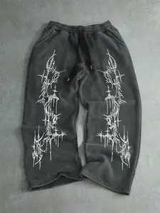Men's Fashion Casual Gothic Sweatpants, Thorn Totem Graphic Print, Loose Wide Leg Straight Pants, Drawstring Design, Street Style
