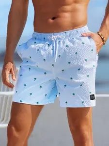 Men's Regular Fit Palm Tree Print Swim Shorts, Casual Comfy Breathable Swim Shorts for Summer, Men's Swimwear for Beach Vacation