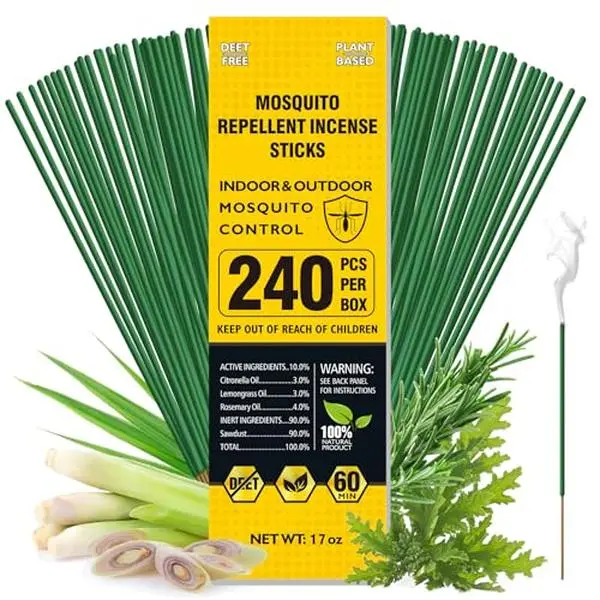 BugBai® Mosquito Repellent Outdoor Patio, 240 PCS Natural Plant-Based Citronella Oil Incense Sticks Indoor Home Pet Family Safe, DEET Free Bug Insect Control Repellent for Yard Garden Camping Fishing