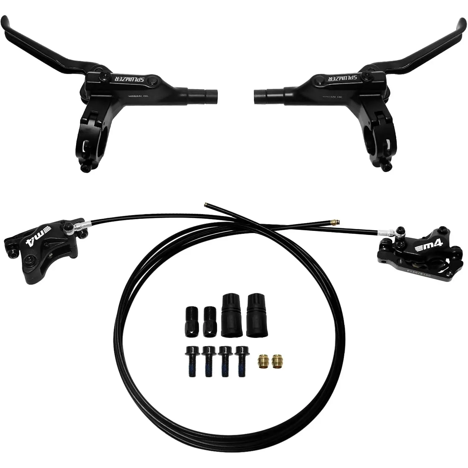 ZTZ 4-piston internal routing hydraulic brake set, front 850mm and rear 1600mm hydraulic disc brakes, suitable for eBike mountain bikes, pre-bled hydraulic brake kit with mounting adapters (front + rear)