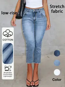 Women's Denim Capri Pants, High Waist, Fitted, Fringe Design, Button Fly, All Seasons, Chic Elegant Style, Perfect for Casual Wear, Jean