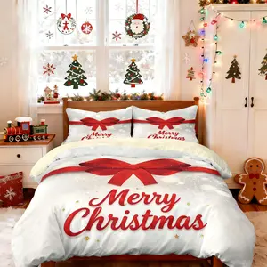 3-piece Christmas-themed quilt set (1 quilt cover +2 pillowcases, no core), red bow Christmas snowflake print soft and comfortable bedding, suitable for all rooms Bedroom Bedding Set