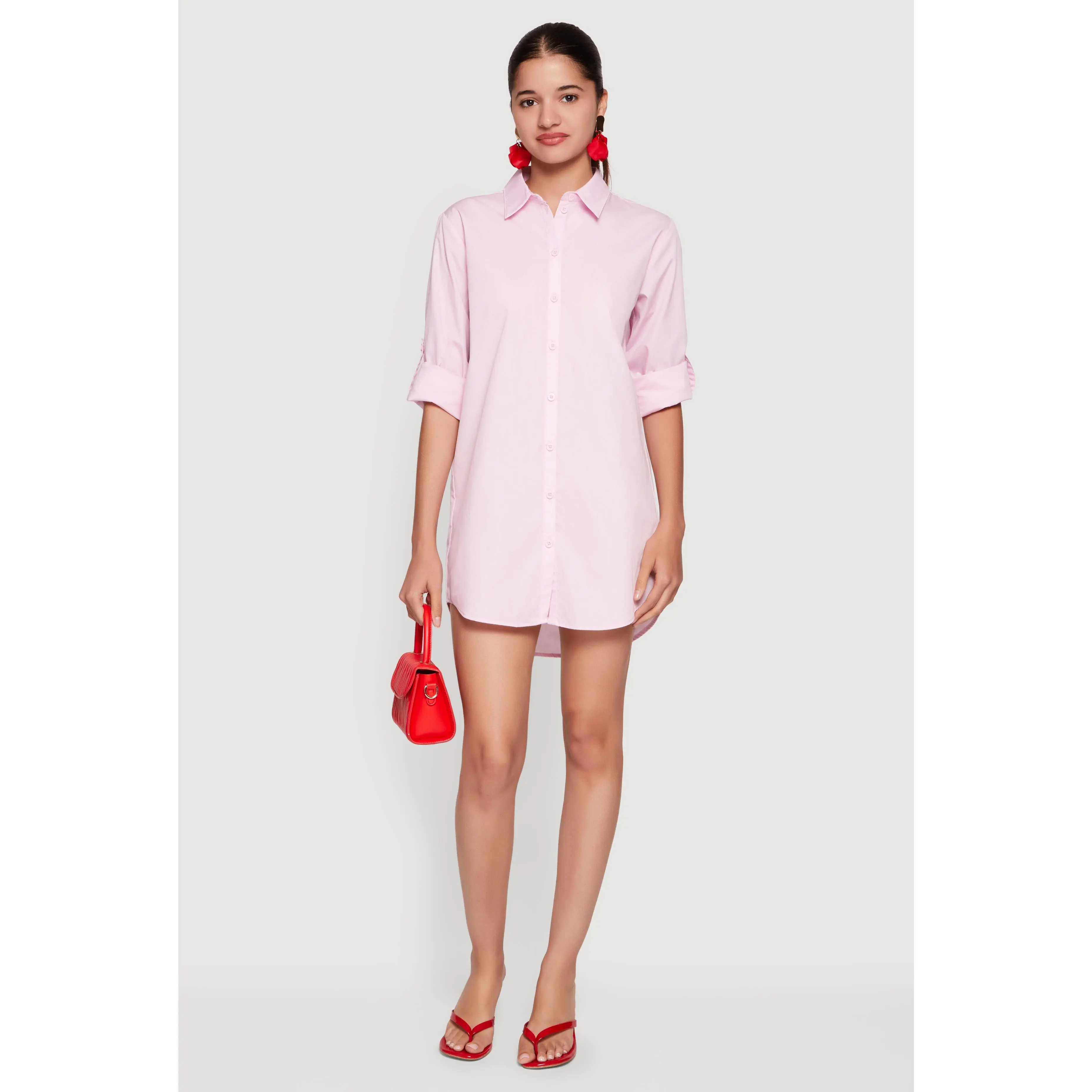 Poplin Button Front Tab Sleeve Shirt Dress
