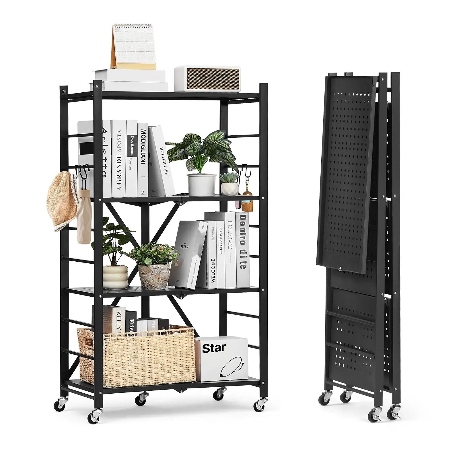 4-Tier Foldable Storage Shelf With Wheels, Portable Metal Shelving Unit Measuring 26 x 13 x 46 Inches, Sturdy Heavy-Duty Steel Construction, Ideal For Kitchen, Garage, Laundry, Office, And Utility Organization
