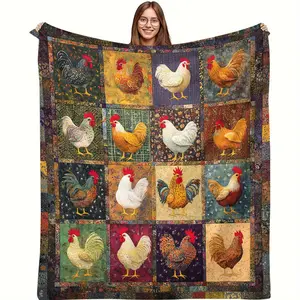 Extra Large Soft Flannel Farmhouse Chicken Pattern Blanket - Vintage Rooster and Hen Design, Brown, Red, Gold, Green, Blue, Purple, Black, Beige - All-Season Sofa Bed Cover, Suitable for Country Home Decor - Plush Bed Cover or Decorative Embellishment - C