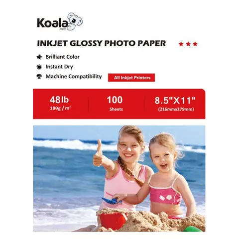 Koala 180gsm Inkjet Glossy Photo Paper 100 Sheets 48lb Fast Dry High Color Consistency Vivid Printing for Inkjet Printers