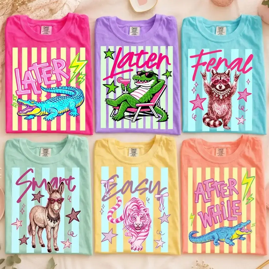 Comfort Colors Later Gator Graphic T-Shirt, Striped Summer Animal Tee, Funny Raccoon Shirt, Coastal Preppy Top, Alligator Lover Graphic Top, Unisex Casual Tee