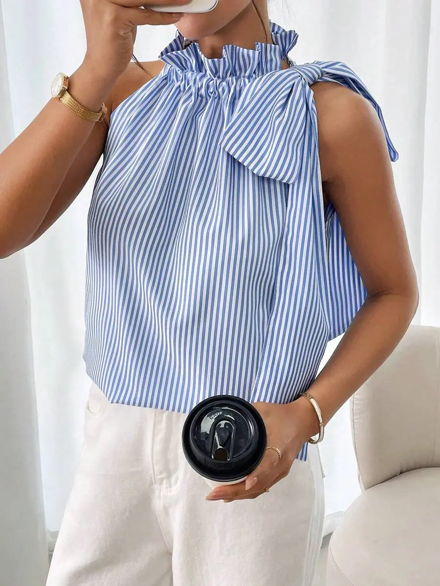 Striped Ruffle Collar Sleeveless Blouse for Women Bowknot Summer Casual Chic Top