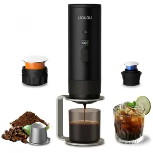 LIOUOU 3-in-1 Portable Espresso Maker, 15 Bar Auto-Heating Coffee Machine with LED Display, Compatible with Ground Coffee & NS DG Capsules, Ideal for Car & Camping Use
