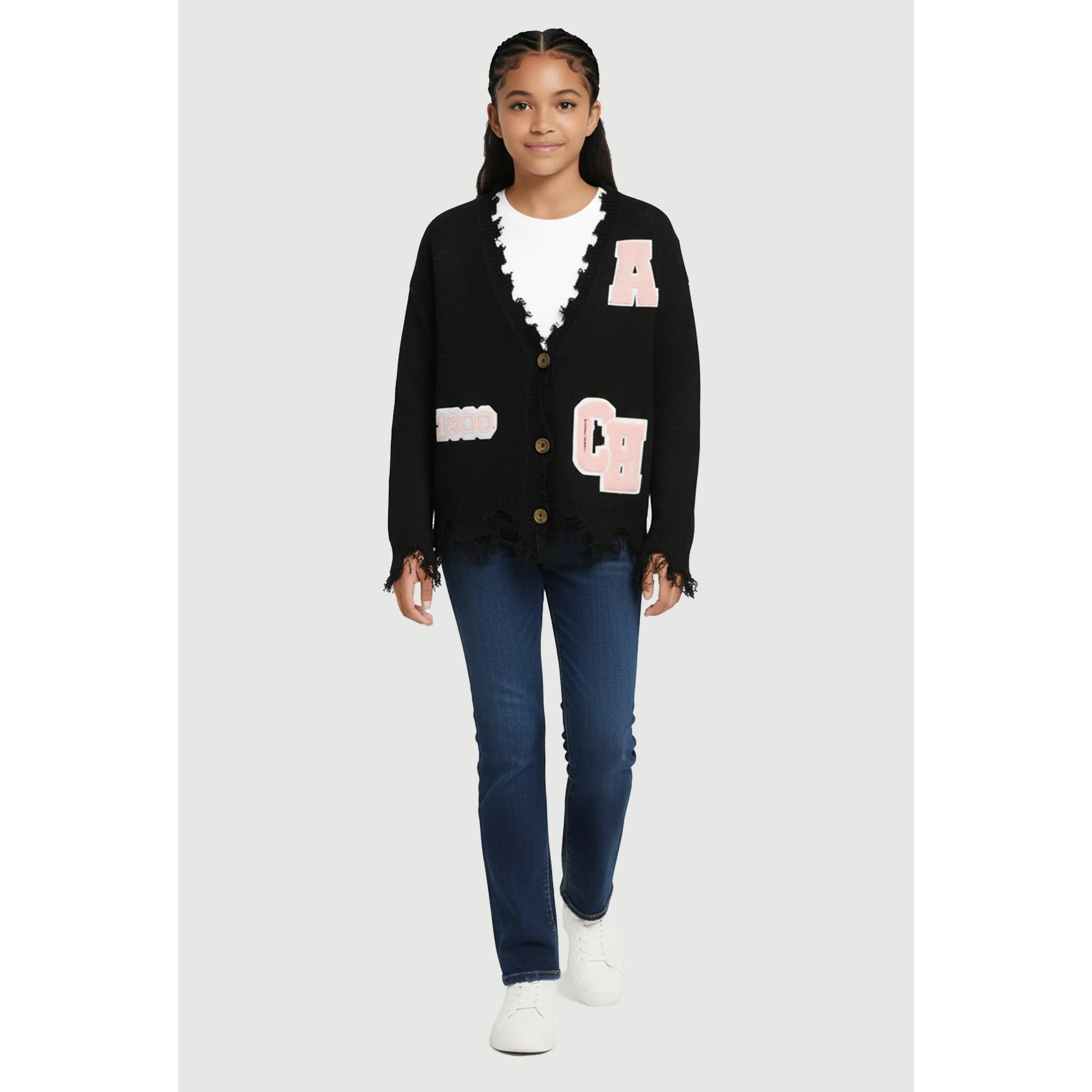 Girls Distressed V Neck Chenille Patch Graphic Cardigan