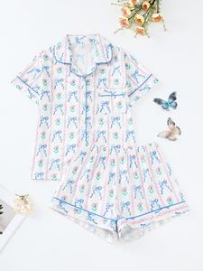 two-piece set women's top & shorts pyjama, casual comfy short sleeve top & shorts pj set, ladies sleepwear for all seasons, pyjamas for women, pajamas, glam lounge wear, cute summer clothes