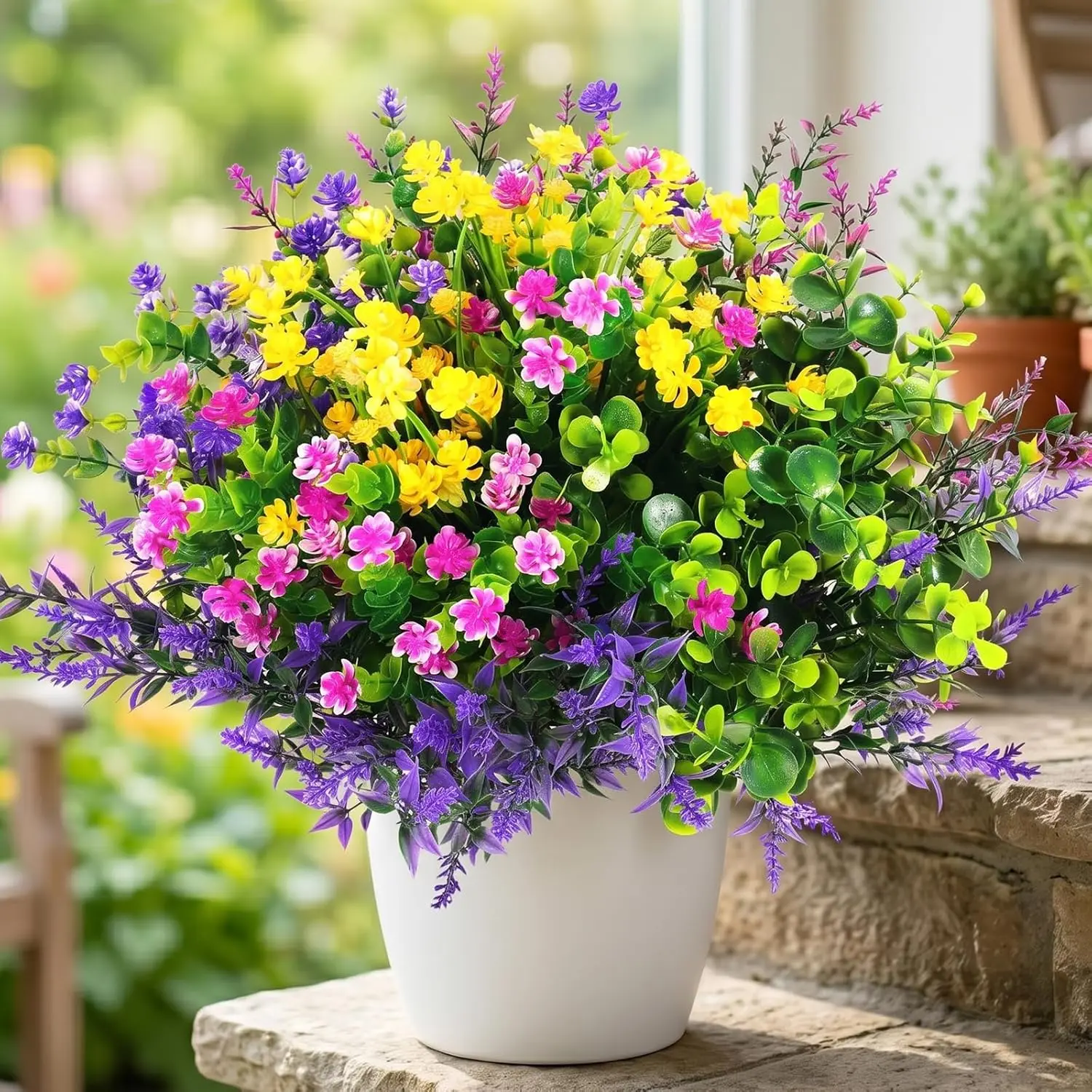 12PCS/24PCS Artificial Outdoor Flowers, UV Resistant Faux Plants for Hanging Planters, Porch, Window Box, Home, Wedding, Fall Summer Decor, (Fuchsia Purple Yellow Green)
