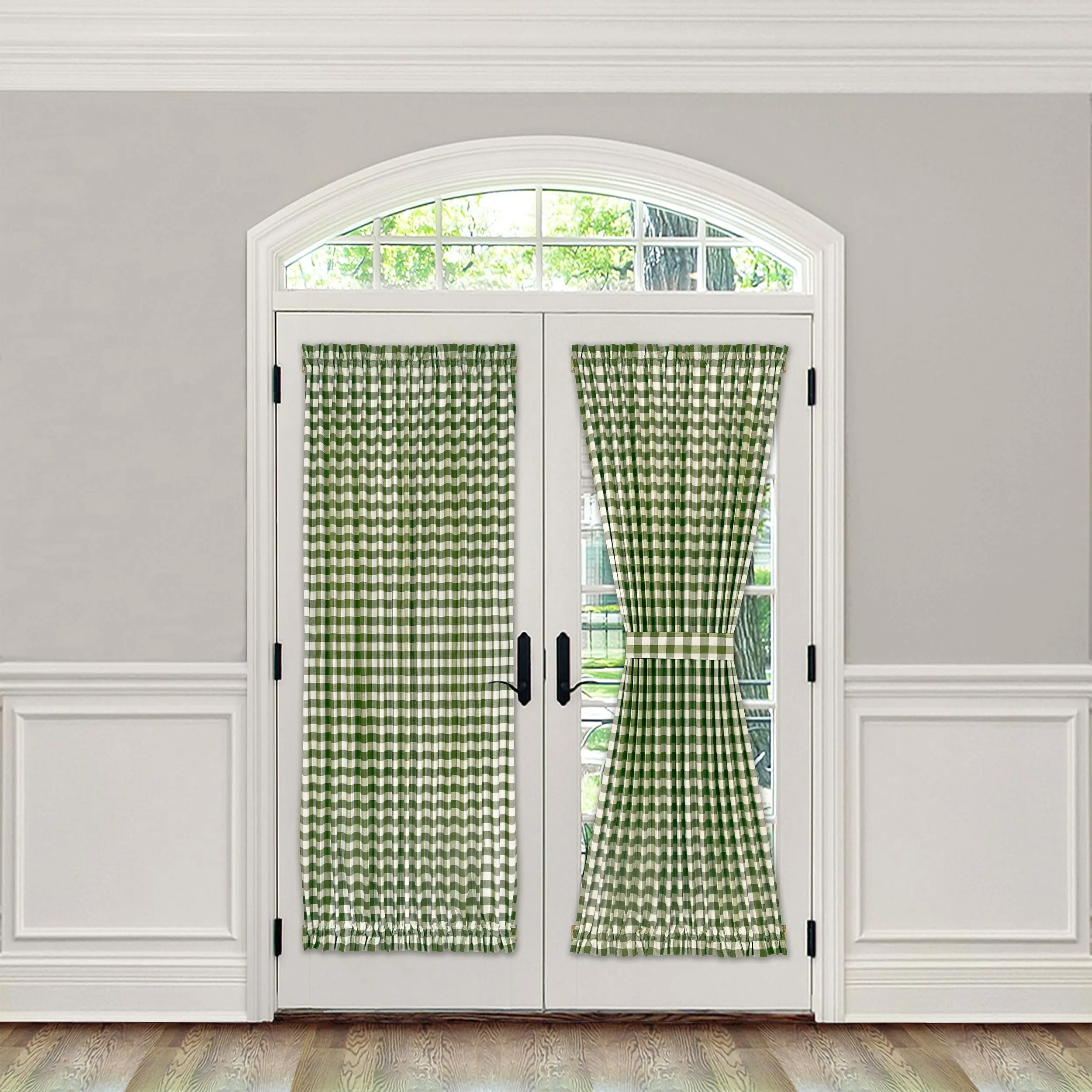 Achim BC54X72SG6 54x72 in. Polyester Light Filtering Plaid Rod Pocket Curtain Panel, Sage, Traditional Style for French Doors with Adjustable Tieback
