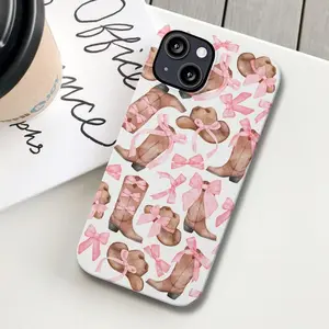 Coquette cowgirl phone case, Ribbon bow iPhone cases, Western rodeo girly cover, Balletcore pink bows gift, Wild west cowboy boots design Durable Case
