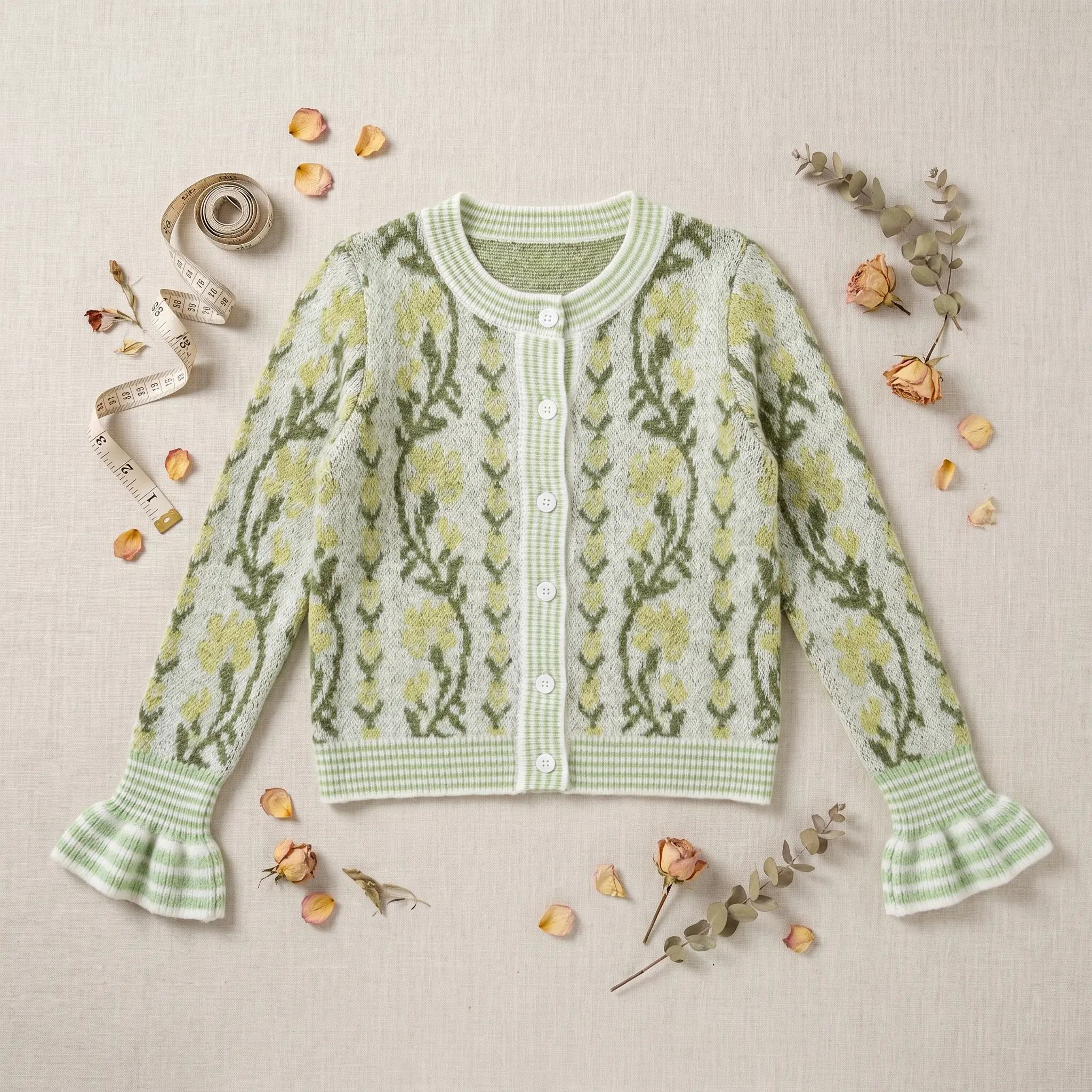 Women's Floral Knit Cardigan, Cute Cottagecore Button Front Sweater with Long Flounce Sleeves and Striped Cuffs, Piece, Knitting, Fitted, Chic, Long Sleeve, Casual, Knitwear, Tops, Floral Print, Stretchy