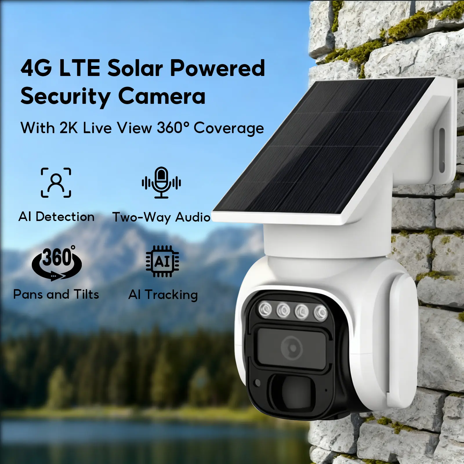 4G LTE Solar Security Camera (No Wi-Fi Needed), 2K ColorNight Vision, Spotlight Siren, IP65Waterproof, RemoteAPPControlled, Motion Activated, NightVision, Outdoor, Datarefillis required for Unlimited 4G datausage