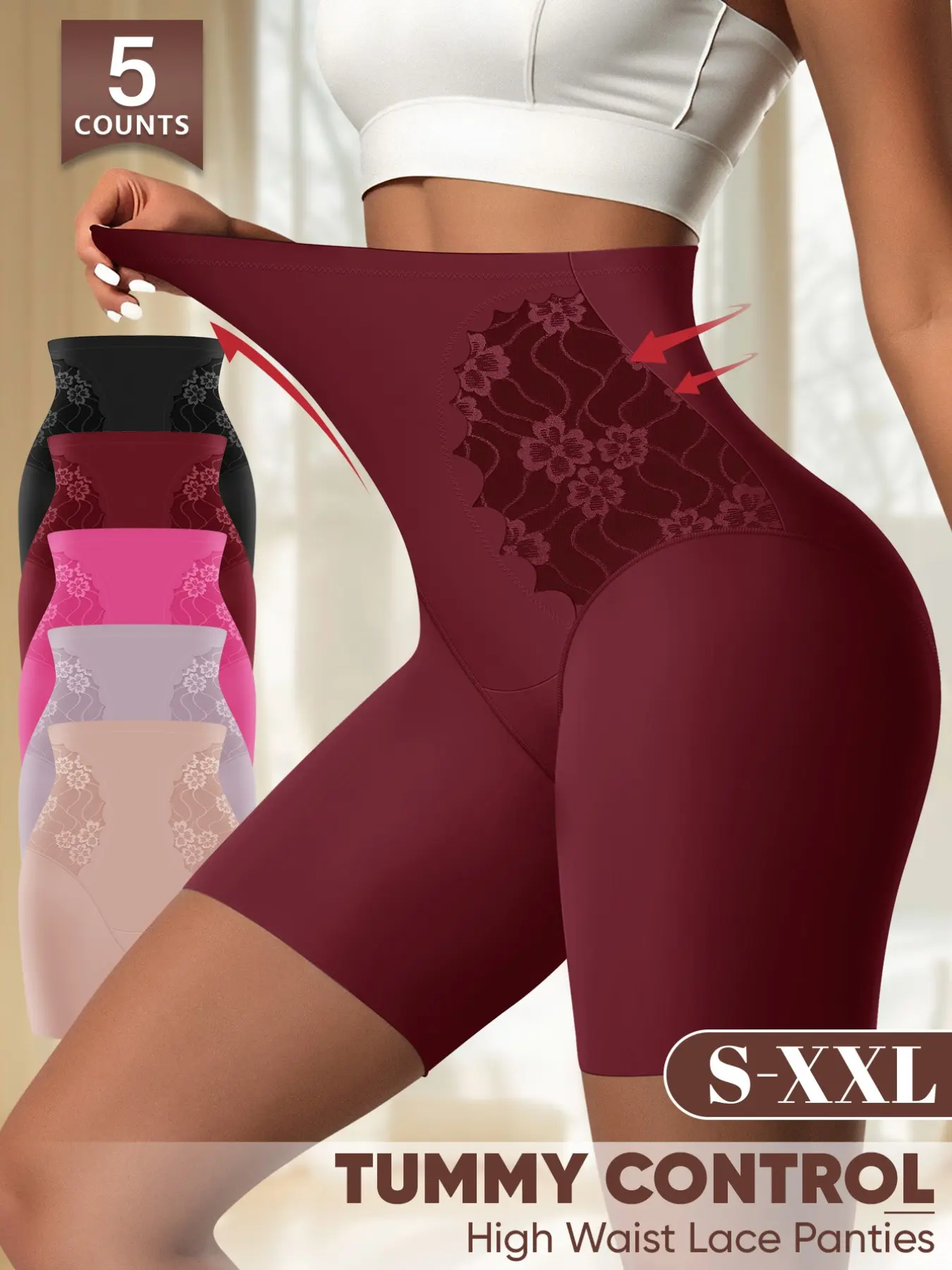 Morelect Women's High-Waisted Shapewear Panties, 5-Pack, Lace Trim, Waist Cinching, Butt Lifting, Comfortable, S-Xxl, Floral Lace Shapewear