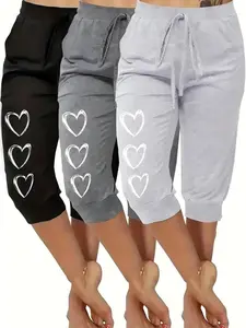3-Pack Casual Loungewear Capri Pants Set, Hollow Out Heart Print with Bow, Comfortable Wear-Outside Home Pants, Stylish and Cozy