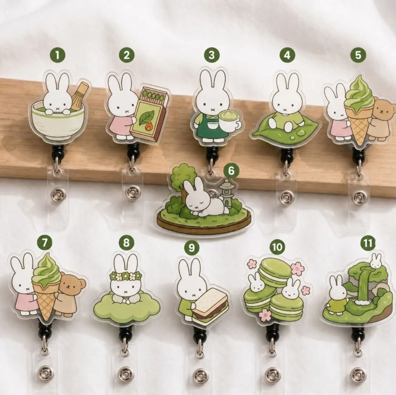 Cute Matcha Bunny Badge Reel, Retractable Acrylic Badge Clip for Nurses, Aesthetic Green Rabbit ID Holder, Kawaii Teacher Gift, Work Lanyard