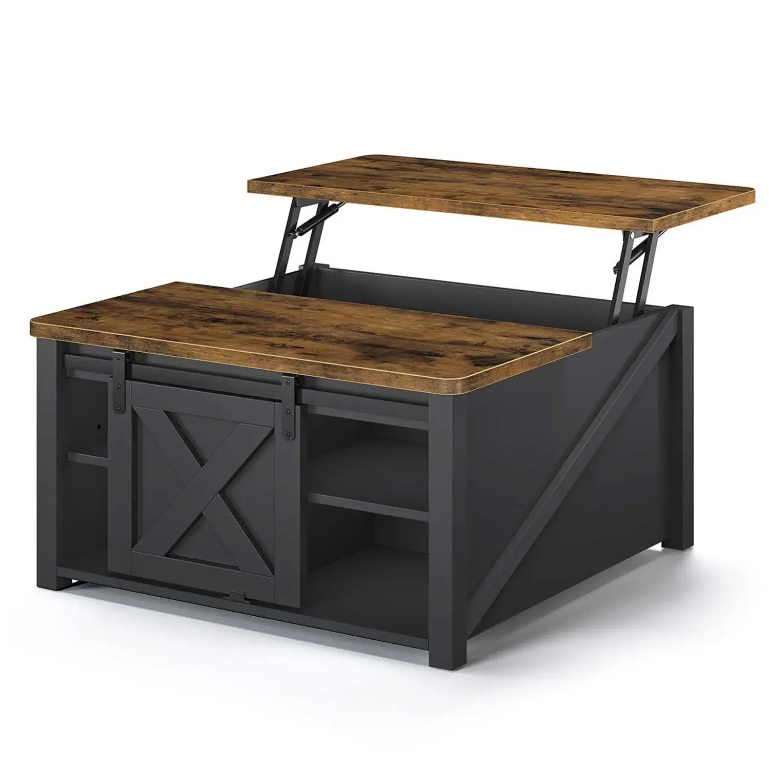 SIKAIC 31.5-Inch Square Farmhouse Lift-Top Coffee Table - Barn-Style, Convertible, Geometric Engineered Wood Indoor Furniture with Hidden Storage, Sturdy Black Frame (31.5x31.5in), Barn-Style Coffee Tables, Convertible Coffee Tables