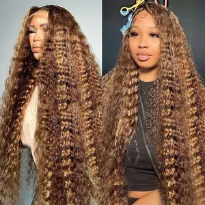180 Density Highlight Ombre Lace Front Wig Human Hair 13x6 HD Honey Blonde 4/27 Deep Wave Lace Frontal Wigs Human Hair