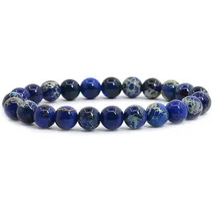 Royal Blue Sea Sediment Jasper Gemstone 8mm Round Beads Stretch Bracelet 7"