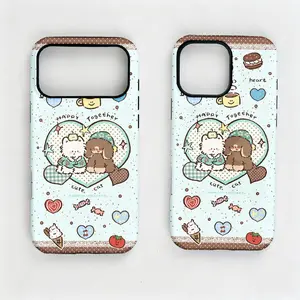 Kawaii Cartoon Dog Duo Phone Case for iPhone 17,16,15,14,13 Pro Max Plus - Pastel Blue Cute Aesthetic Cover for Pet Lovers