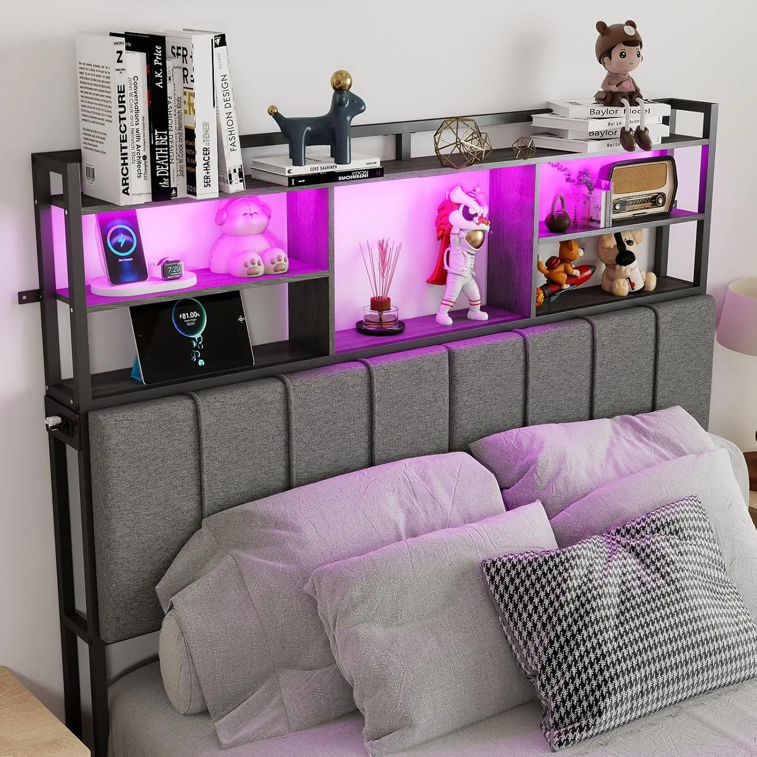 54.8" Tall Headboard Queen Size with 3-Tier Storage Shelves, Linen Upholstered Head Board with USB & Type C Port & LED Light, Soft Backrest for Queen Size Bed,Sturdy Headboard Only