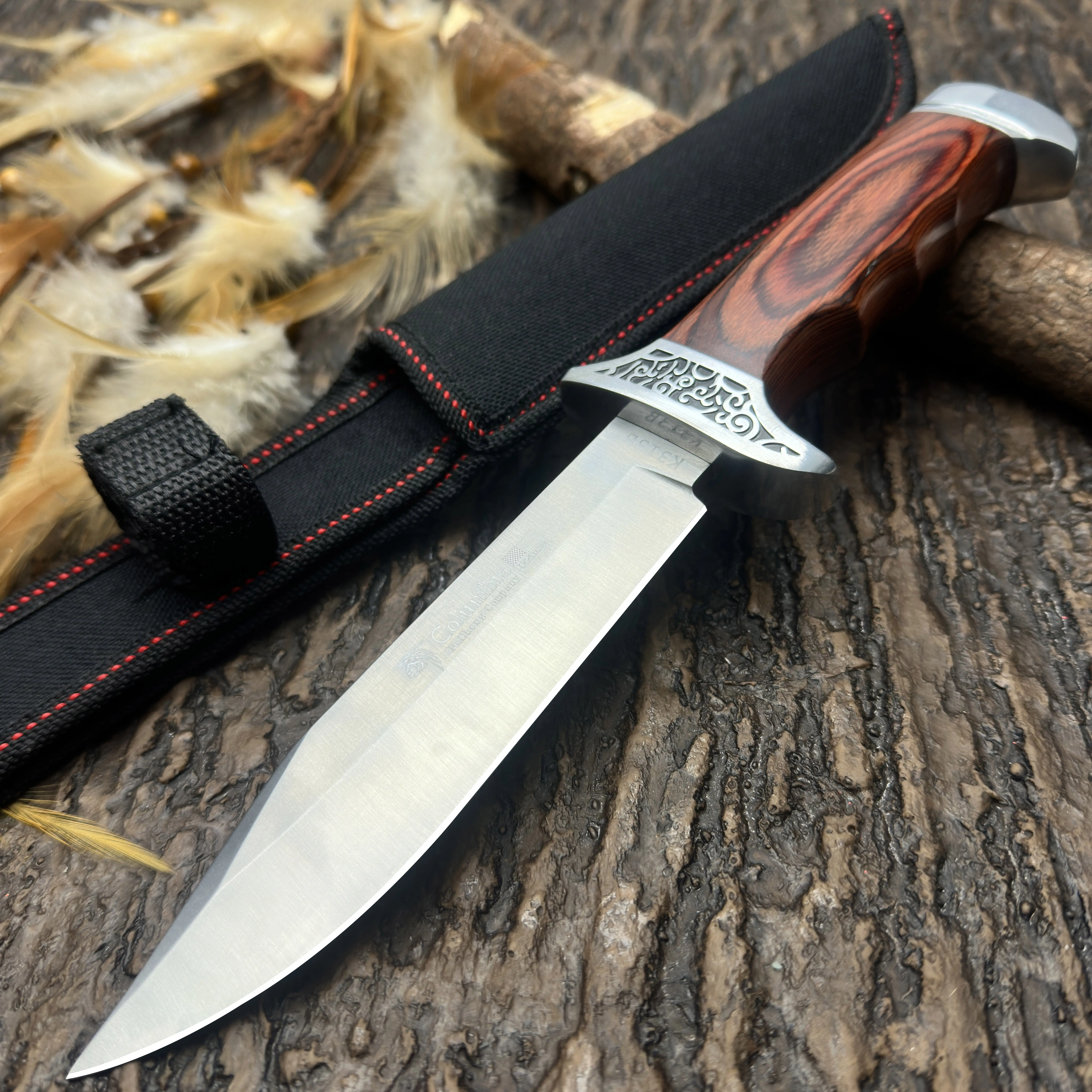 High-End Silvery-White Brushed Texture Stainless Steel Outdoor Kitchen Cooking Knife, Nylon-Enhanced Exquisite Non-Slip Wooden Handle, Red Decorative Pattern Carvings Strap, Portable for Picnic Camping, Durable for Fruit & Meat Cutting