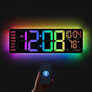 16" Digital Wall Clock with Night Light RGB Colors Changing Remote Control Dual Alarm Dimmer Auto DST Voice Control Auto Time Sync for Living Room Gift for Elderly