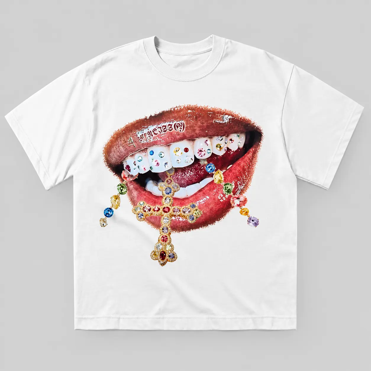 Diamond Teeth Cross Print T-Shirt, Grillz T-Shirt, Vintage T-Shirt, Y2k Graphic Tee, Y2k Clothing, Unisex Cotton Crewneck T-Shirt Menswear Womenswear Underwear Streetwear Top