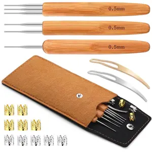 3 Pcs Dreadlocks Crochet Hooks for Hair, Braid Hair Dreadlocks Needle Weaving Crochet, Bamboo Handle Crochet Hook for Hair Dreadlock Braid Craft 0.5mm (1, 2, 3 Hooks)