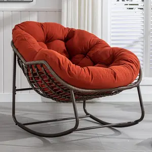 37” Papasan Rocking Chair with Cushion and Steel Frame, Oversized Outdoor Egg Rocking Chair, Rattan Circle Chairs for Grand Patio and Garden (Orange)