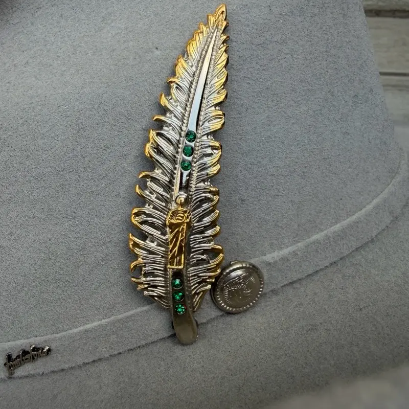 Silver-Tone Feather Hat Pin, Western St. Jude Pluma with Green Gem Accents for Texana or Sombrero Cowboy Hats, Hat Pins