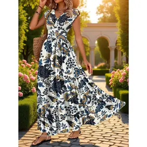 DP022037 • Twilight Mist • Directional Spring/Summer Vacation • New Women's Paisley Print Patchwork • Short Sleeve V-Neck Long Dress