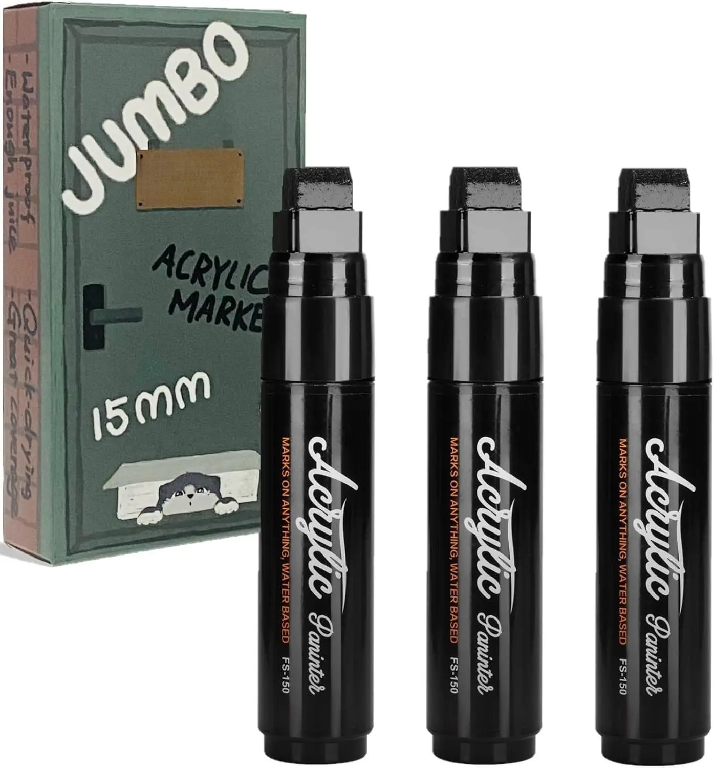15mm Black  Arcylic  Markers, 3 count Thick Wide Tip Water Based Permanent Ink Arcylic  Pens for Graffiti, Rock Painting, Glass, Stone, , Sign, Canvas, Metal for Artists and Adults