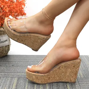 Women's Clear Wedge Platform Sandals Transparent PVC Wide Strap Slides Slip On Round Open Toe Mules 4-inch High Heels Footwear Fashion Elegant Comfortable Breathable Non-Slip Summer Casual Dressy Shoes for Daily Wear DB